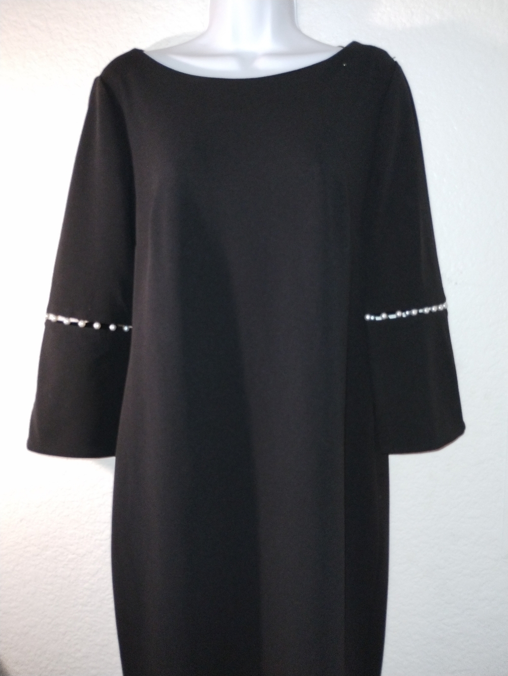 Calvin Klein Classic Black Shift Dress with Beaded Pearl Sleeve Detail Size 12